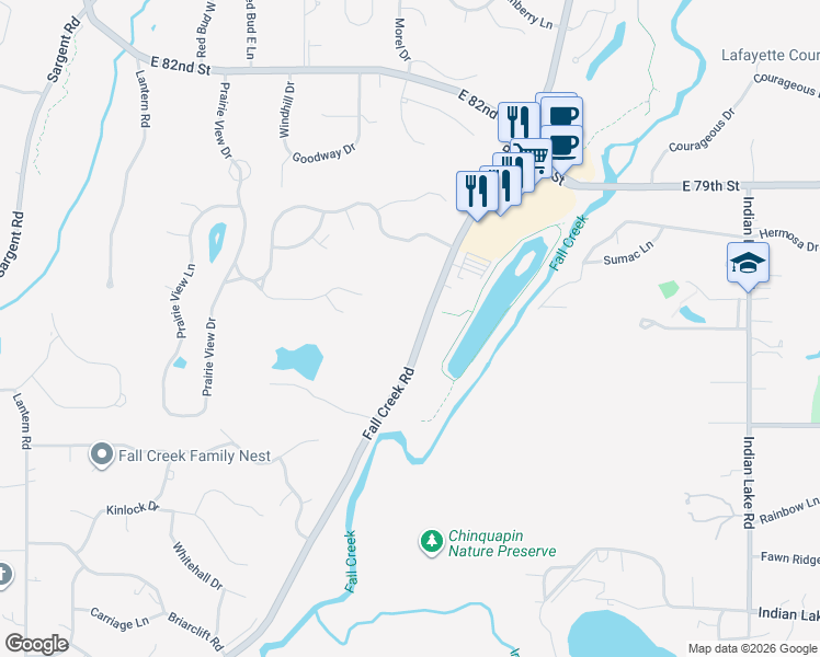 map of restaurants, bars, coffee shops, grocery stores, and more near 9710 Fall Creek Road in Indianapolis