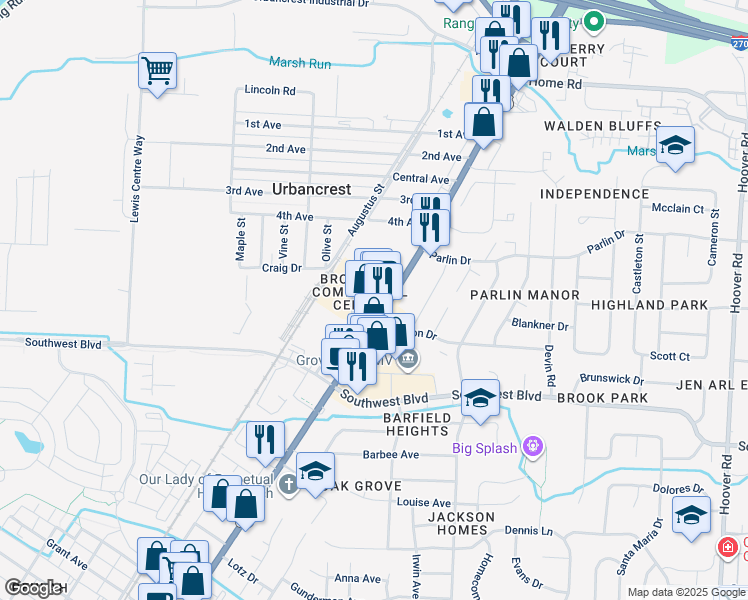 map of restaurants, bars, coffee shops, grocery stores, and more near 3443 Broadway in Grove City
