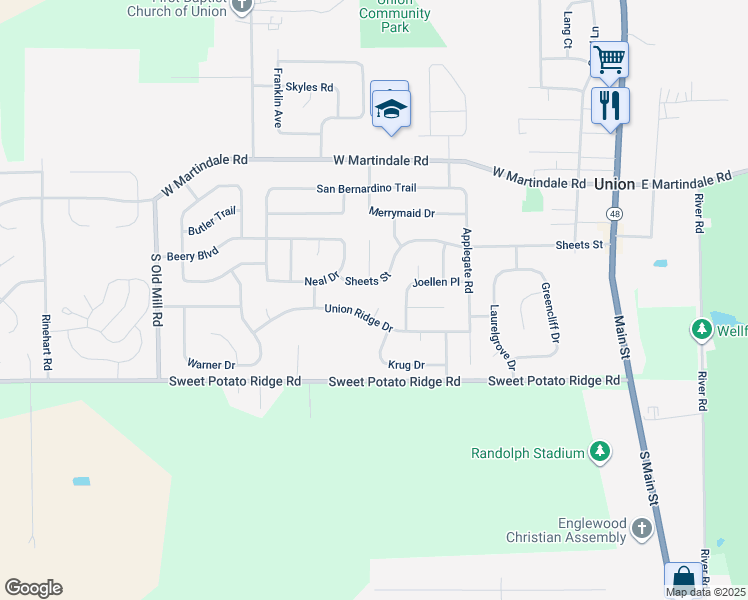 map of restaurants, bars, coffee shops, grocery stores, and more near 103 Folkerth Court in Union