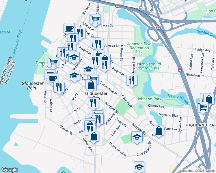 map of restaurants, bars, coffee shops, grocery stores, and more near 803 Cumberland Street in Gloucester City