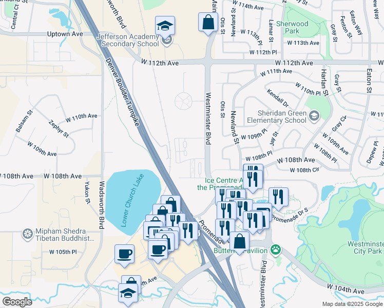 map of restaurants, bars, coffee shops, grocery stores, and more near 6963 West 109th Avenue in Westminster
