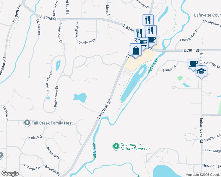 map of restaurants, bars, coffee shops, grocery stores, and more near 9710 Fall Creek Road in Indianapolis