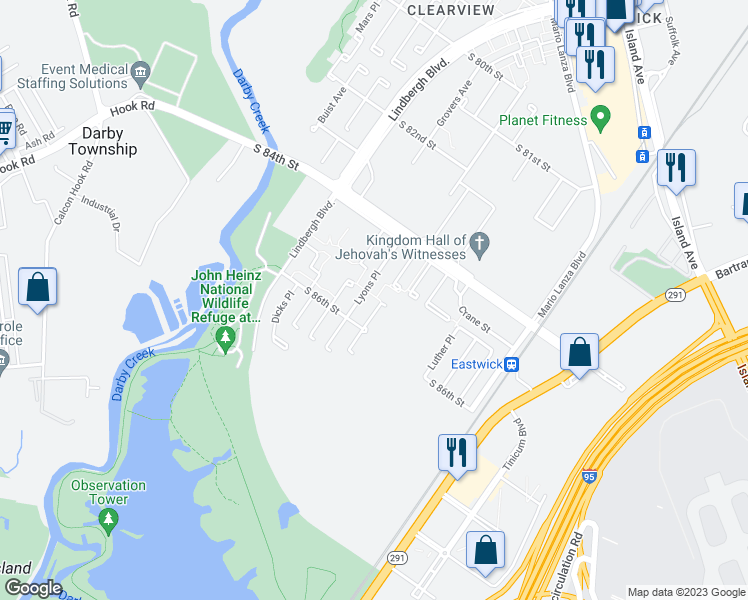 map of restaurants, bars, coffee shops, grocery stores, and more near 8515 Cratin Place in Philadelphia