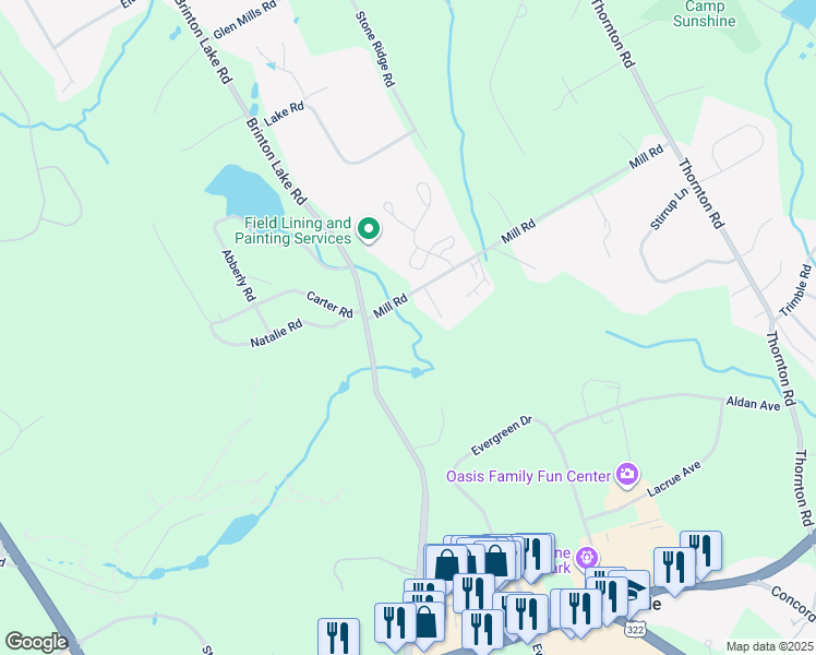 map of restaurants, bars, coffee shops, grocery stores, and more near 160 Mill Road in Thornton