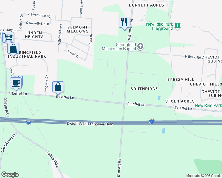 map of restaurants, bars, coffee shops, grocery stores, and more near 2340 East Leffel Lane in Springfield