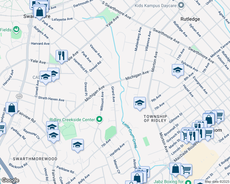 map of restaurants, bars, coffee shops, grocery stores, and more near 1038 Girard Avenue in Swarthmore