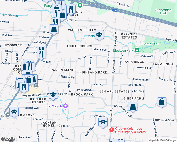 map of restaurants, bars, coffee shops, grocery stores, and more near 3415 Castleton Street in Grove City