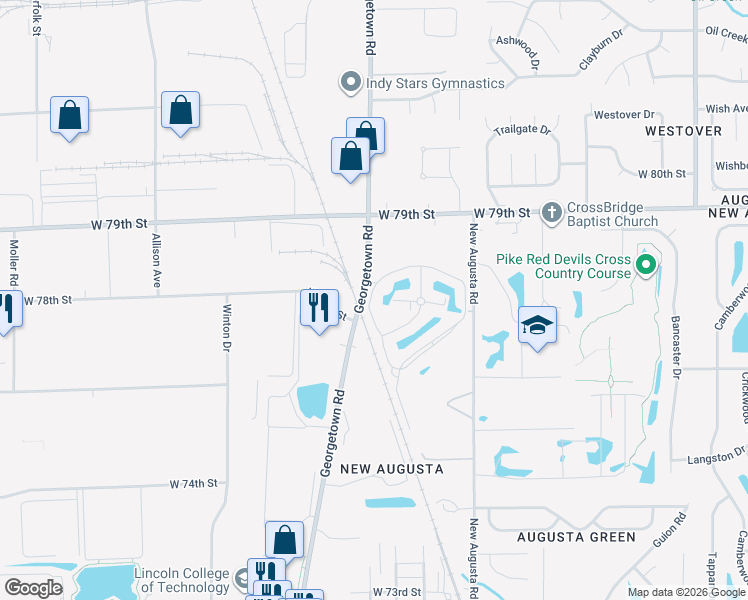 map of restaurants, bars, coffee shops, grocery stores, and more near 7735 Santa Monica Drive in Indianapolis