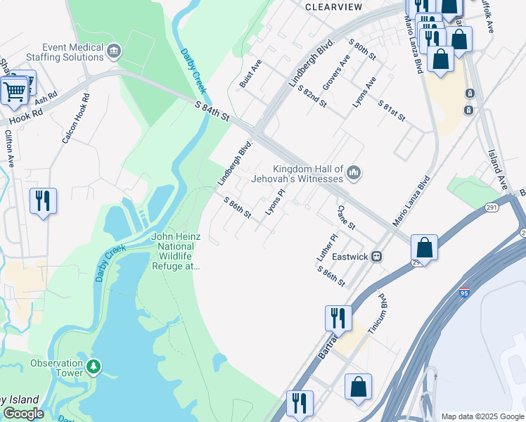 map of restaurants, bars, coffee shops, grocery stores, and more near 8529 Lyons Place in Philadelphia