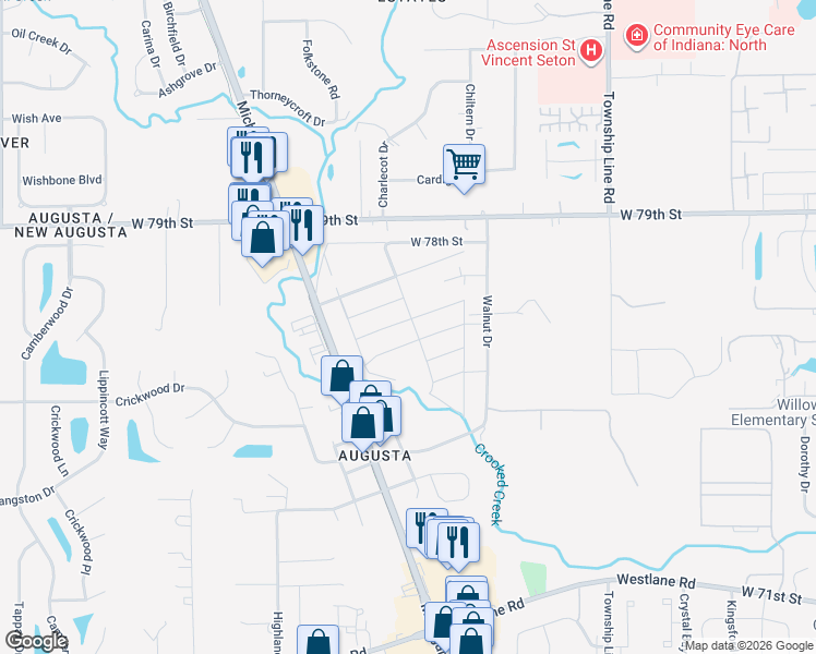 map of restaurants, bars, coffee shops, grocery stores, and more near 2899 Moonstone Street in Indianapolis
