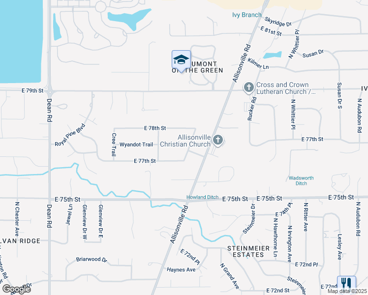 map of restaurants, bars, coffee shops, grocery stores, and more near 7720 Sentinel Trail in Indianapolis