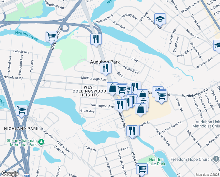 map of restaurants, bars, coffee shops, grocery stores, and more near 500 East Black Horse Pike in Haddon Township