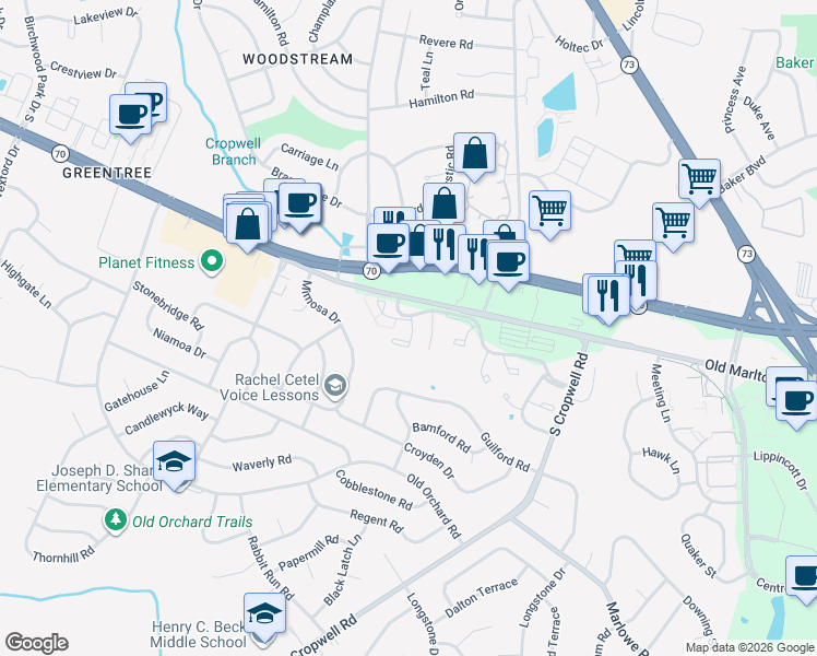 map of restaurants, bars, coffee shops, grocery stores, and more near 126 Aspen Court in Evesham
