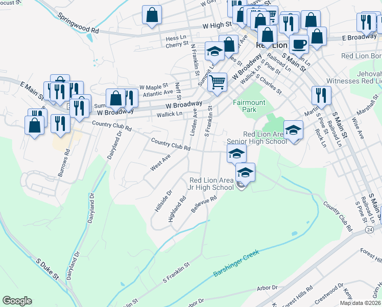 map of restaurants, bars, coffee shops, grocery stores, and more near 201 Linden Ave in Red Lion