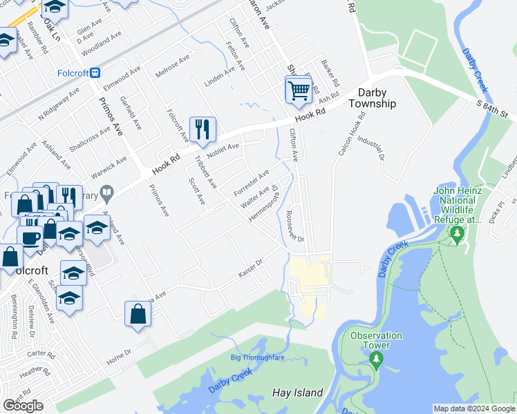 map of restaurants, bars, coffee shops, grocery stores, and more near 1564 Hermesprota Drive in Sharon Hill