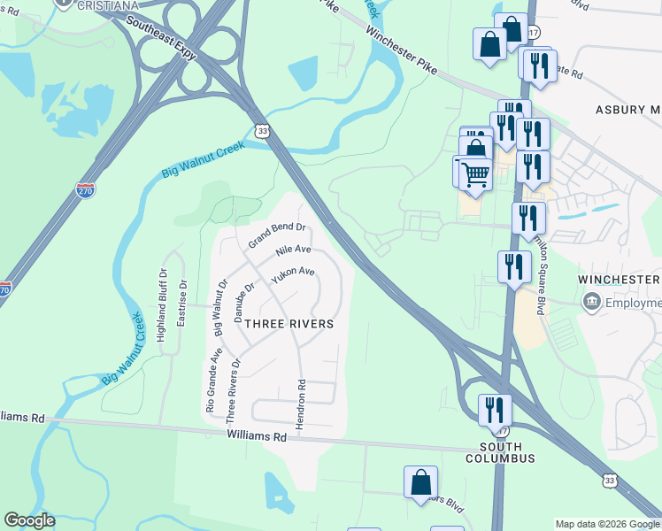 map of restaurants, bars, coffee shops, grocery stores, and more near 3693 Potomac Street in Groveport