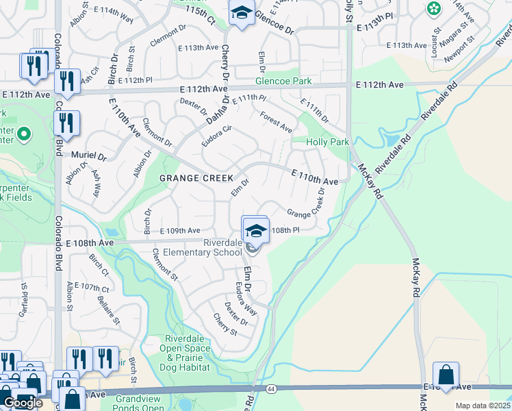 map of restaurants, bars, coffee shops, grocery stores, and more near 4905 East 109th Court in Thornton