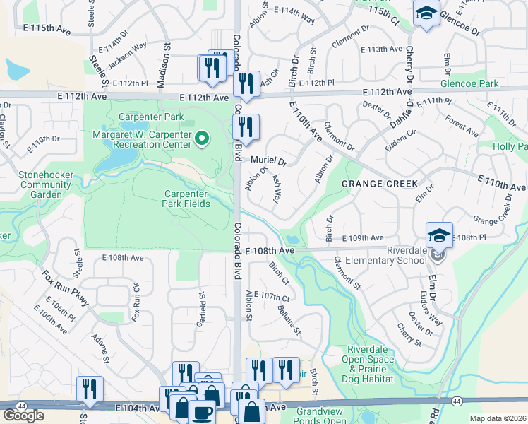 map of restaurants, bars, coffee shops, grocery stores, and more near 10822 Albion Drive in Thornton