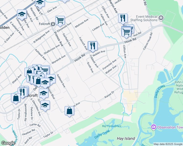 map of restaurants, bars, coffee shops, grocery stores, and more near 1316 Scott Avenue in Sharon Hill