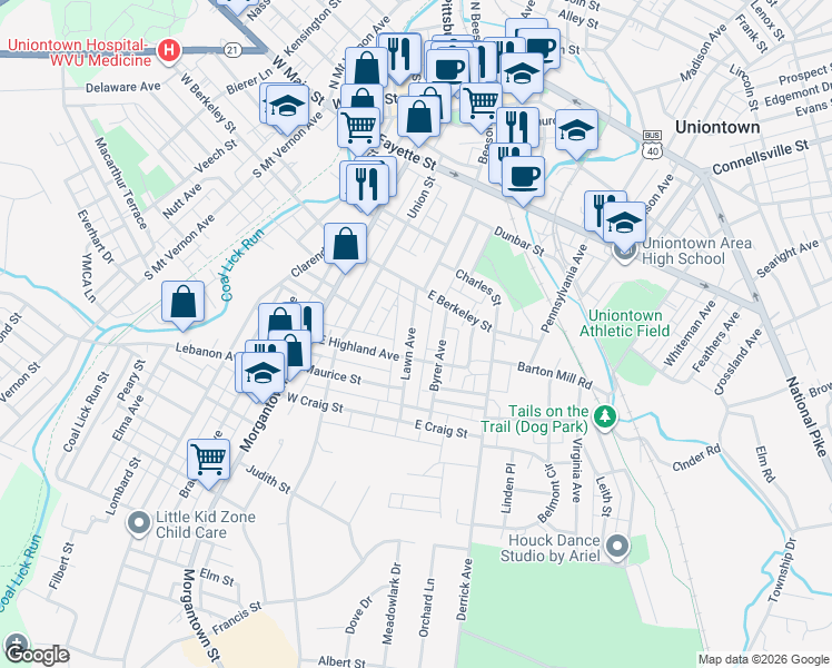 map of restaurants, bars, coffee shops, grocery stores, and more near 43 Lawn Avenue in Uniontown