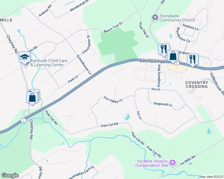 map of restaurants, bars, coffee shops, grocery stores, and more near 52 Bittersweet Drive in Glen Mills