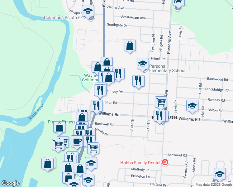 map of restaurants, bars, coffee shops, grocery stores, and more near 83 Rumsey Road in Columbus