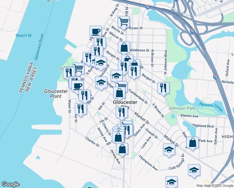 map of restaurants, bars, coffee shops, grocery stores, and more near 142 Joy Street in Gloucester City