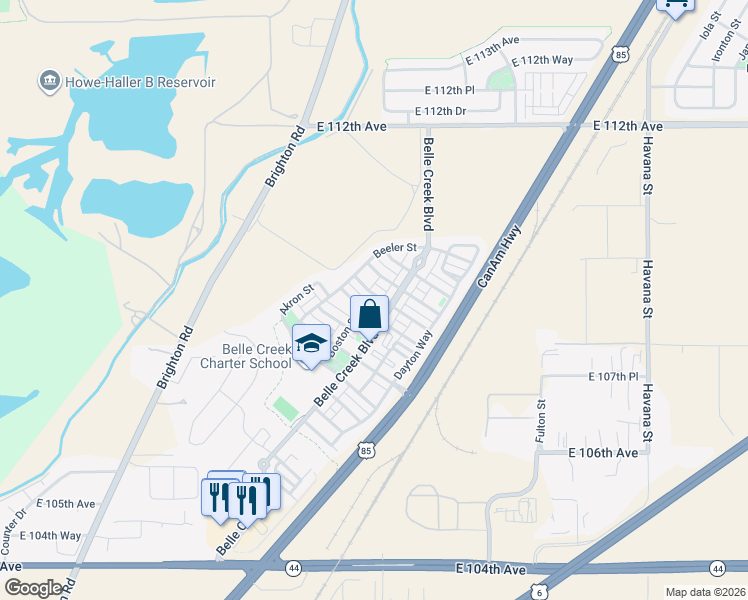 map of restaurants, bars, coffee shops, grocery stores, and more near 9314 East 108th Place in Henderson