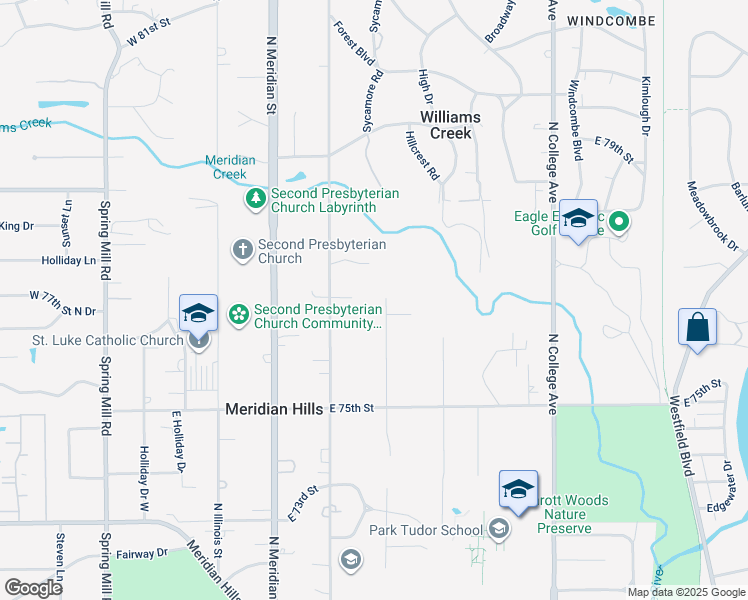 map of restaurants, bars, coffee shops, grocery stores, and more near 7690 North Washington Boulevard in Indianapolis