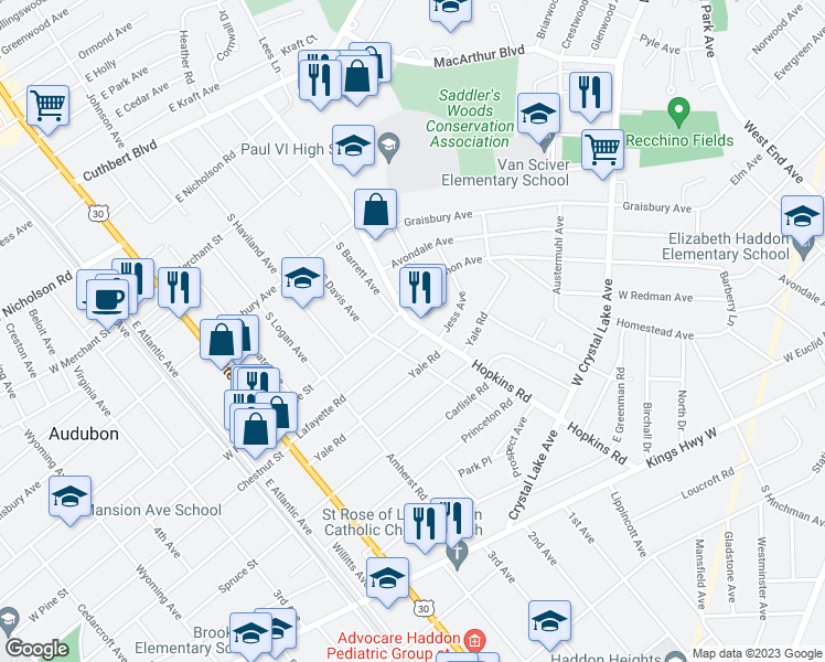 map of restaurants, bars, coffee shops, grocery stores, and more near 223 Lafayette Road in Audubon