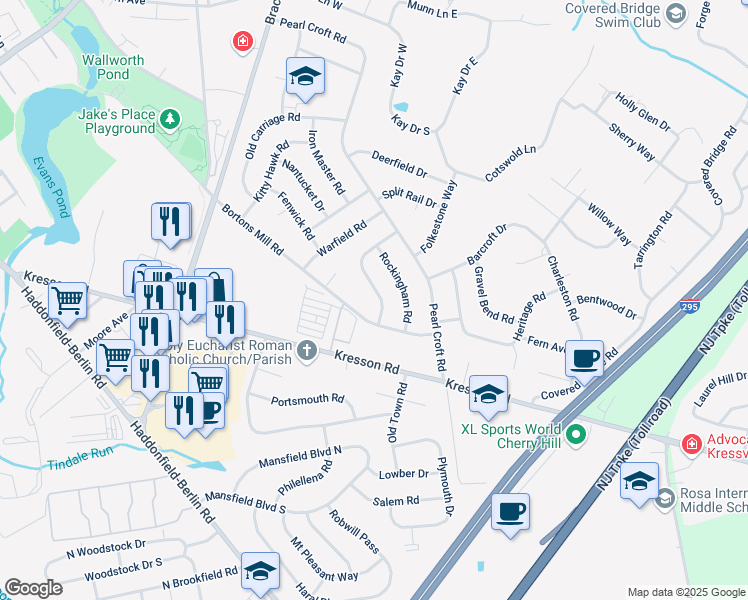 map of restaurants, bars, coffee shops, grocery stores, and more near 127 Farmington Road in Cherry Hill Township