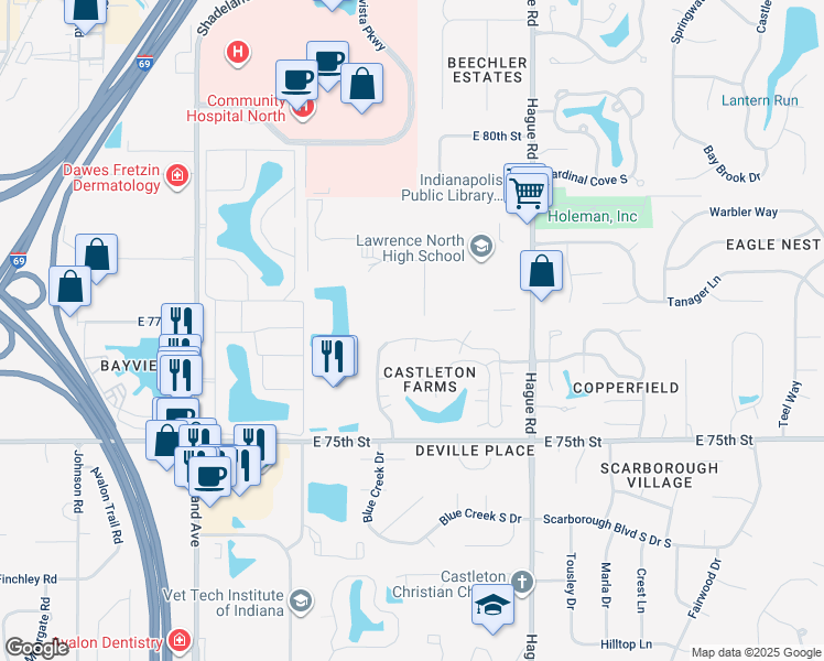 map of restaurants, bars, coffee shops, grocery stores, and more near 7436 Castleton Farms North Drive in Indianapolis