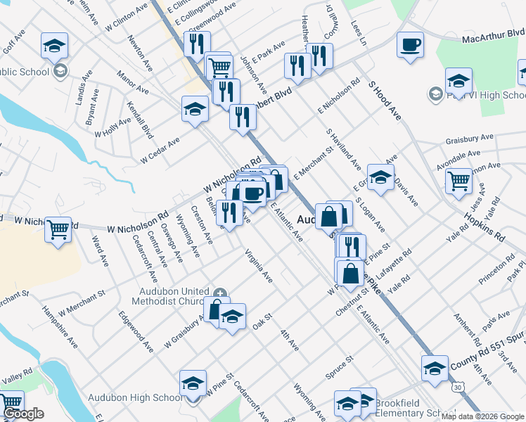 map of restaurants, bars, coffee shops, grocery stores, and more near in Audubon
