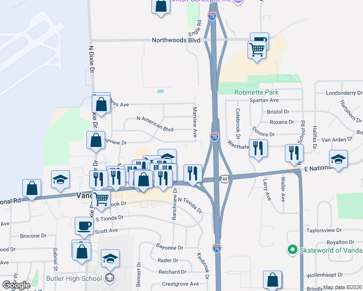 map of restaurants, bars, coffee shops, grocery stores, and more near 155 Lawn Street in Vandalia