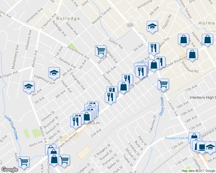 map of restaurants, bars, coffee shops, grocery stores, and more near 406 Ridley Avenue in Folsom