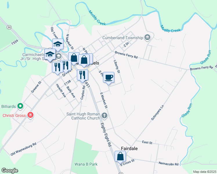 map of restaurants, bars, coffee shops, grocery stores, and more near 312 South Pine Street in Carmichaels