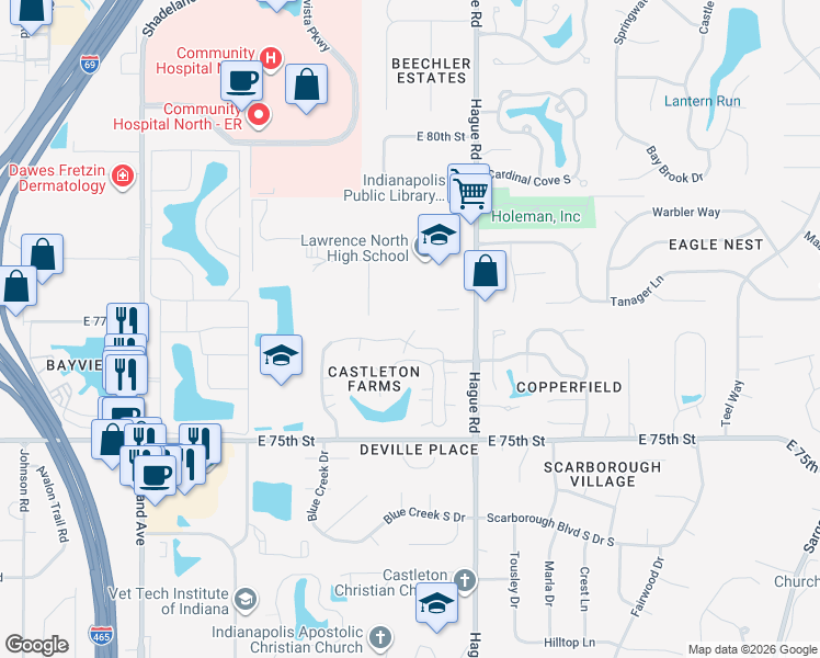 map of restaurants, bars, coffee shops, grocery stores, and more near 7524 Castleton Farms North Drive in Indianapolis
