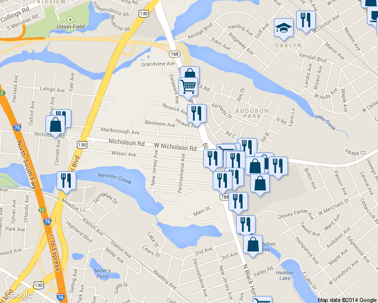 map of restaurants, bars, coffee shops, grocery stores, and more near 23 Nicholson Road in Mount Ephraim