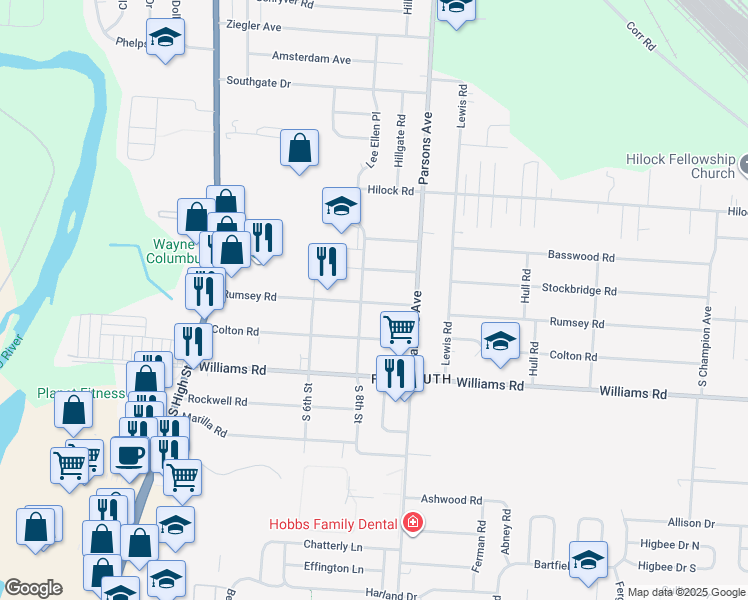 map of restaurants, bars, coffee shops, grocery stores, and more near 258 Rumsey Road in Columbus