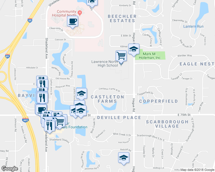 map of restaurants, bars, coffee shops, grocery stores, and more near 7436 Castleton Farms North Drive in Indianapolis