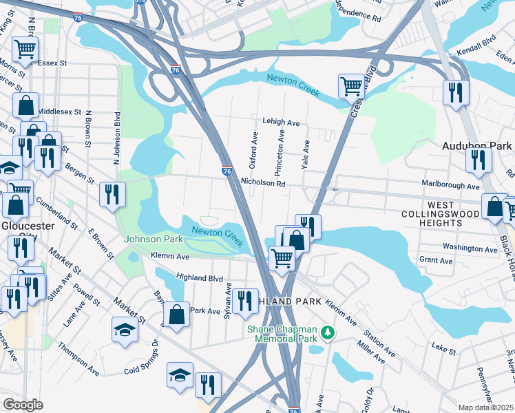map of restaurants, bars, coffee shops, grocery stores, and more near 31 Swathmore Avenue in Gloucester City