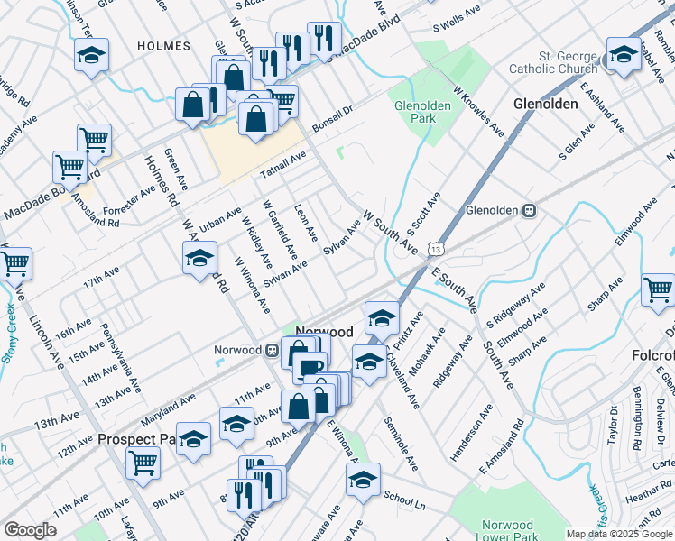 map of restaurants, bars, coffee shops, grocery stores, and more near 101 Leon Avenue in Norwood