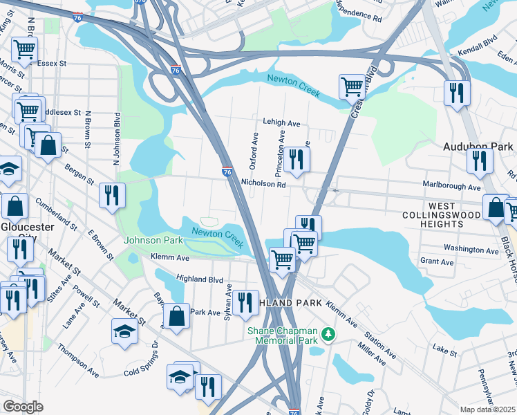 map of restaurants, bars, coffee shops, grocery stores, and more near 31 Swathmore Avenue in Gloucester City