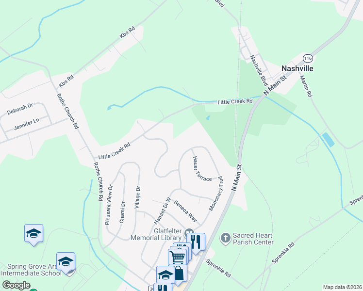 map of restaurants, bars, coffee shops, grocery stores, and more near 562 Monocacy Trail in Spring Grove