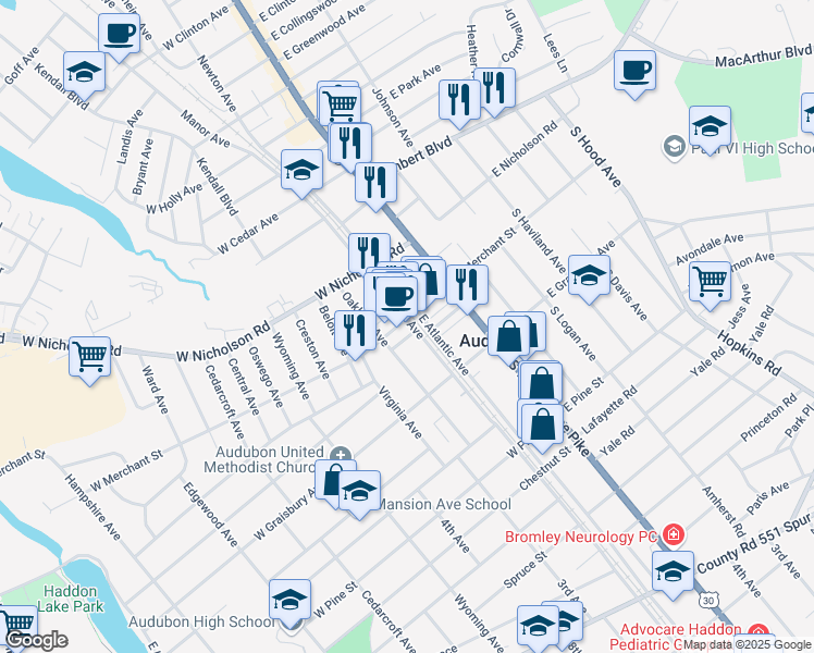 map of restaurants, bars, coffee shops, grocery stores, and more near in Audubon