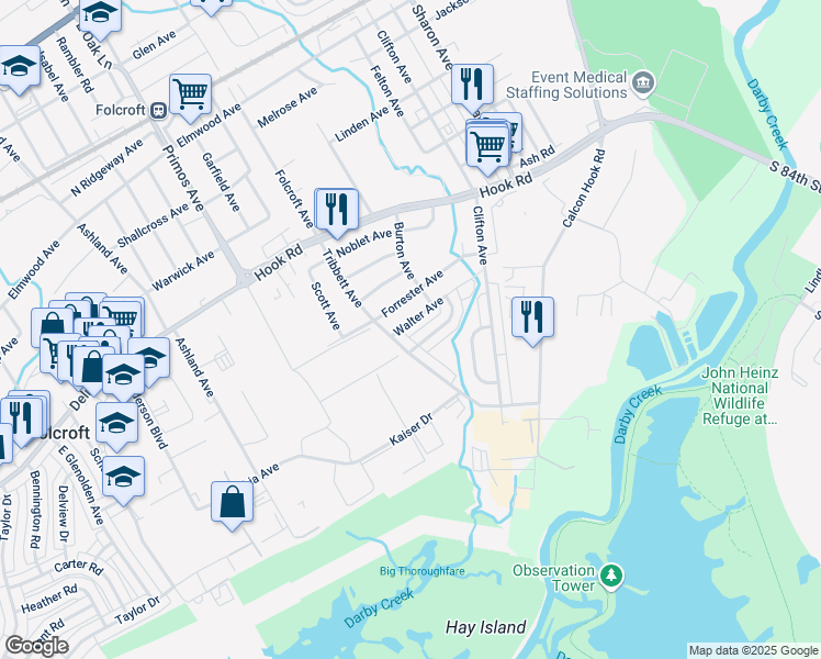 map of restaurants, bars, coffee shops, grocery stores, and more near 1535 Walter Avenue in Sharon Hill