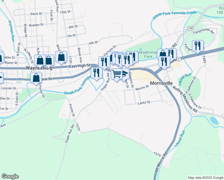 map of restaurants, bars, coffee shops, grocery stores, and more near 160 Sugar Run Road in Waynesburg