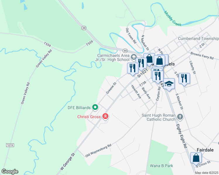 map of restaurants, bars, coffee shops, grocery stores, and more near 433 West Greene Street in Carmichaels