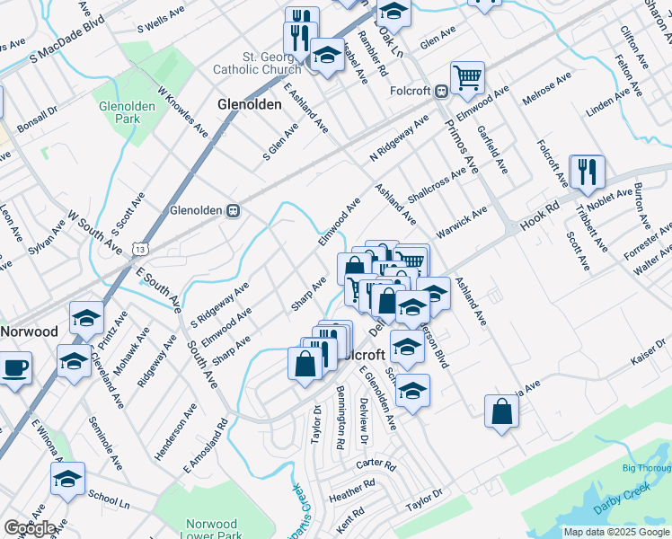 map of restaurants, bars, coffee shops, grocery stores, and more near 109 Sharp Avenue in Glenolden