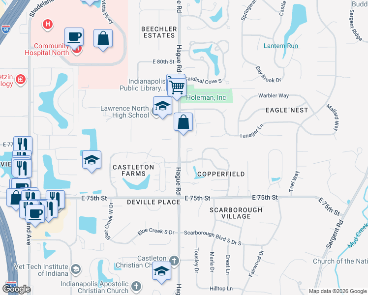 map of restaurants, bars, coffee shops, grocery stores, and more near 7670 Micawber Court in Indianapolis